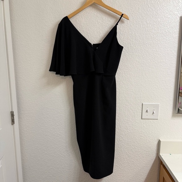Dress the Population Beth Ruffle Sleeve Plunging Midi Sheath Dress Black Size M - Picture 2 of 6